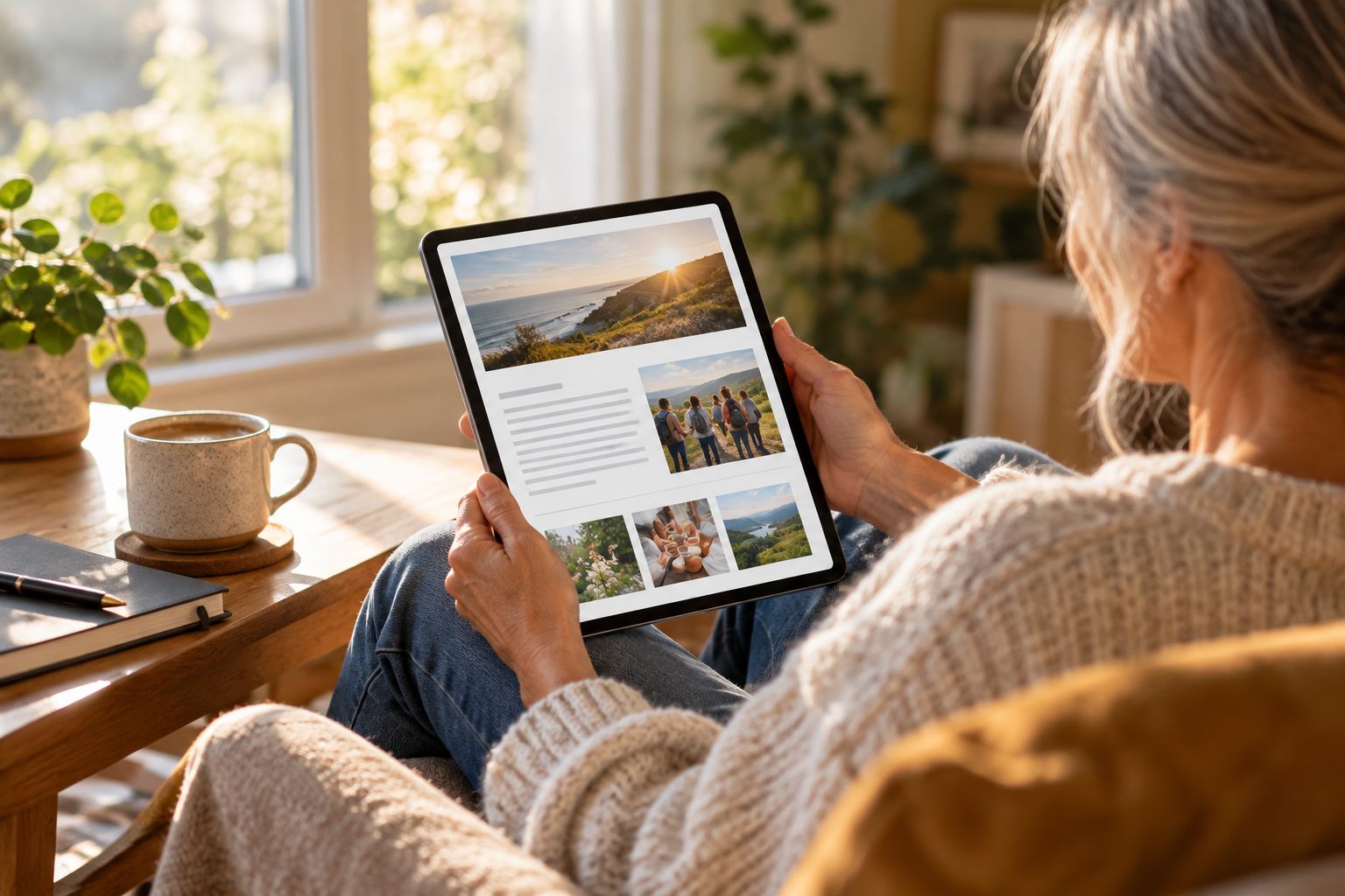 A member reading the club newsletter on a tablet at home