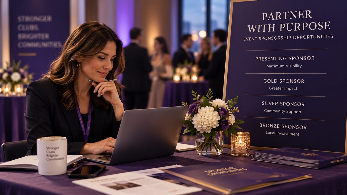 An organizer reviewing sponsorship tiers on a laptop at an event